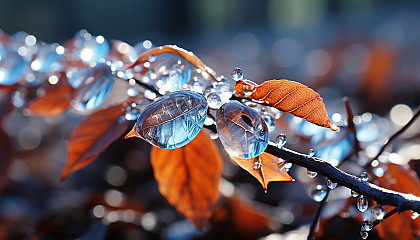 A macro shot of crystals forming on a leaf or branch in winter.