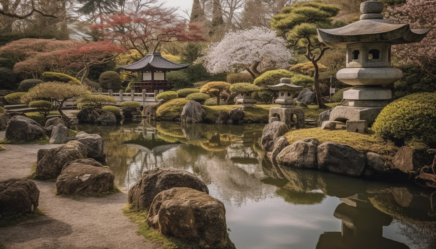 Tranquil Japanese gardens with koi ponds, stone lanterns, and cherry blossoms.