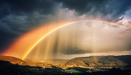 A vibrant rainbow arching across a stormy sky.