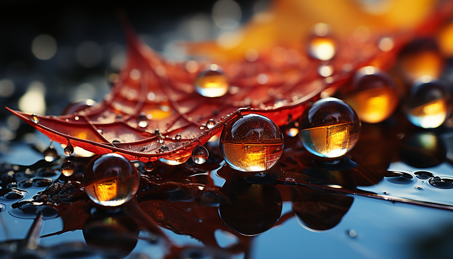 Close-up of dew drops on a spider's web, reflecting the colors of a sunrise.