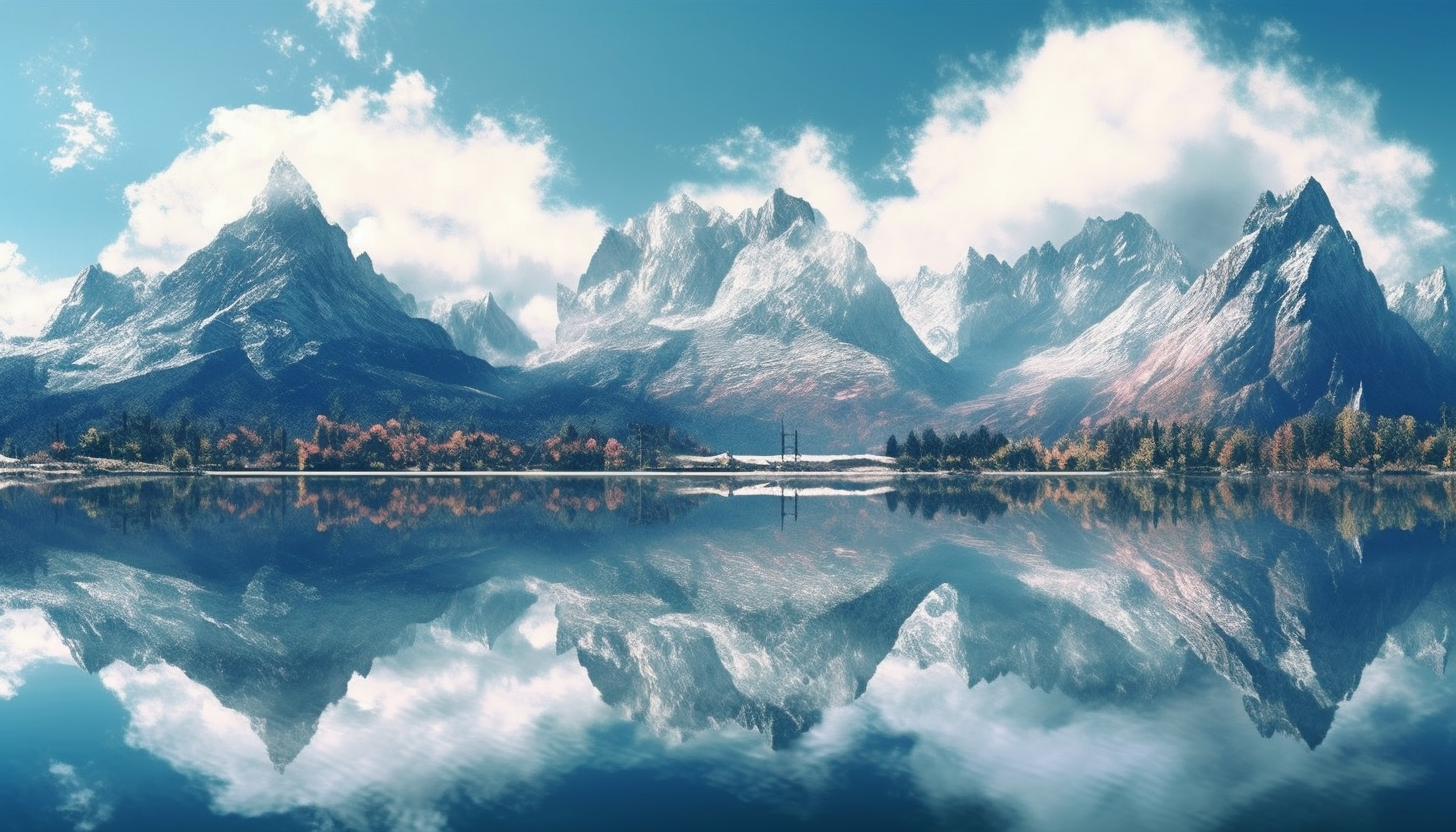 The mirror-like reflection of mountains on a glassy lake.