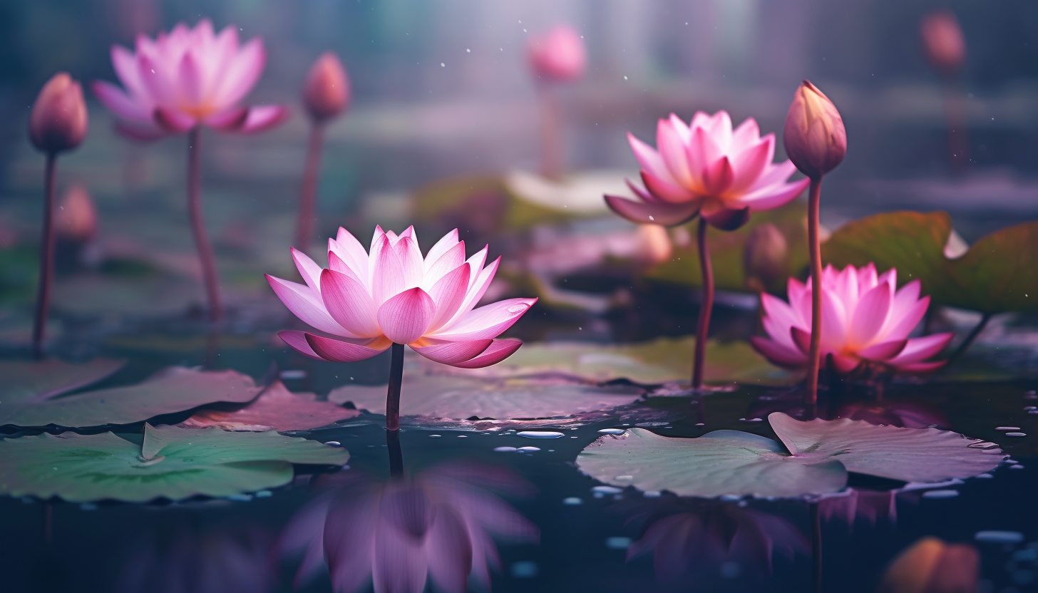 Blooming lotus flowers floating on a tranquil pond.