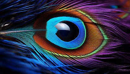 A macro view of a peacock feather displaying its vibrant hues.