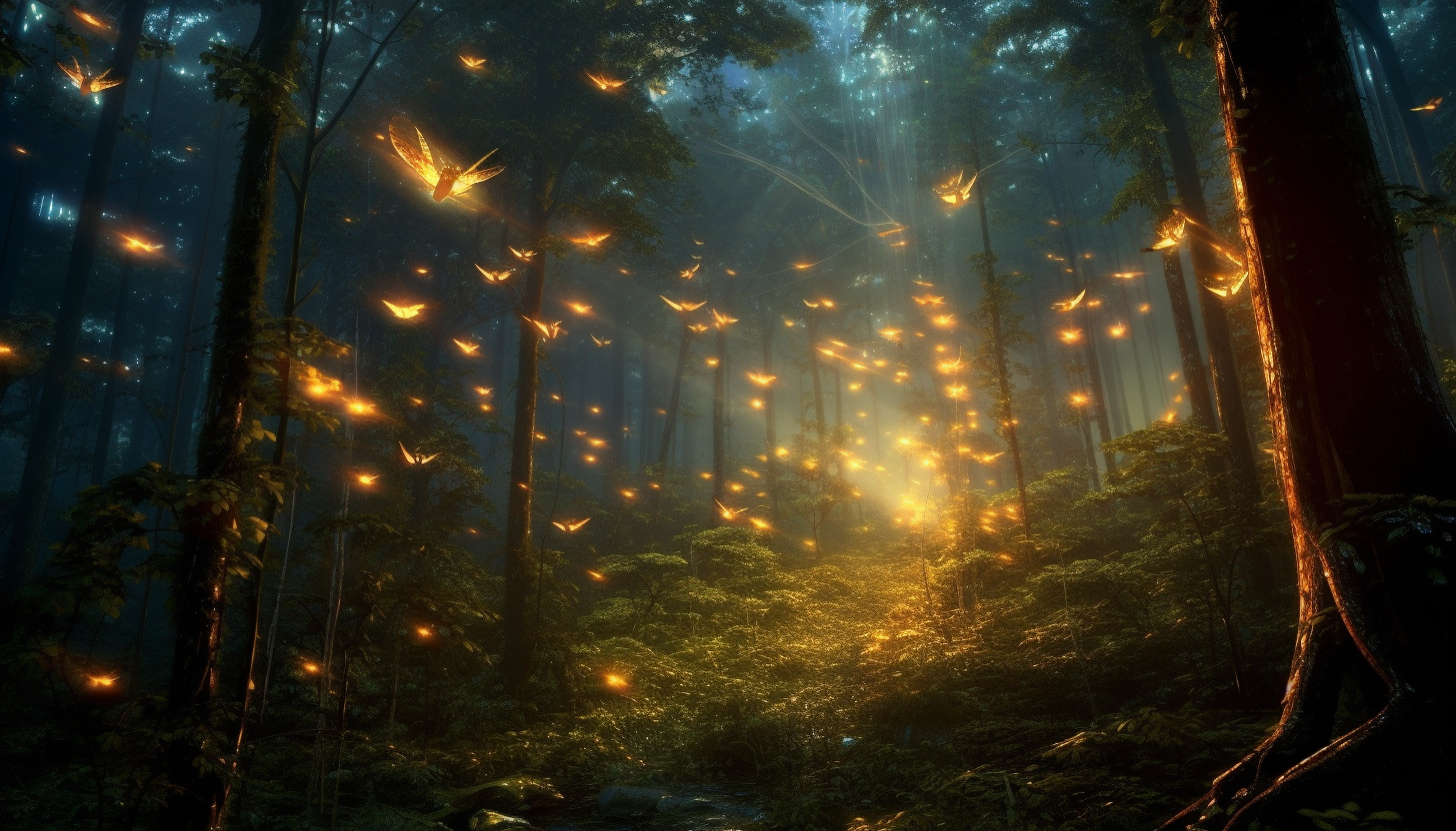 A swarm of fireflies illuminating a twilight forest.