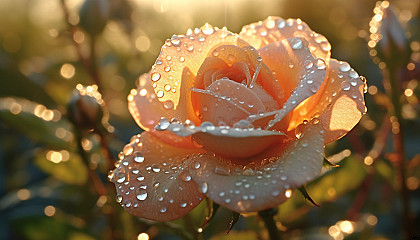 Dewdrops sparkling on the petals of a rose in the early morning light.