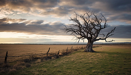 An old, gnarled tree standing alone in a field.