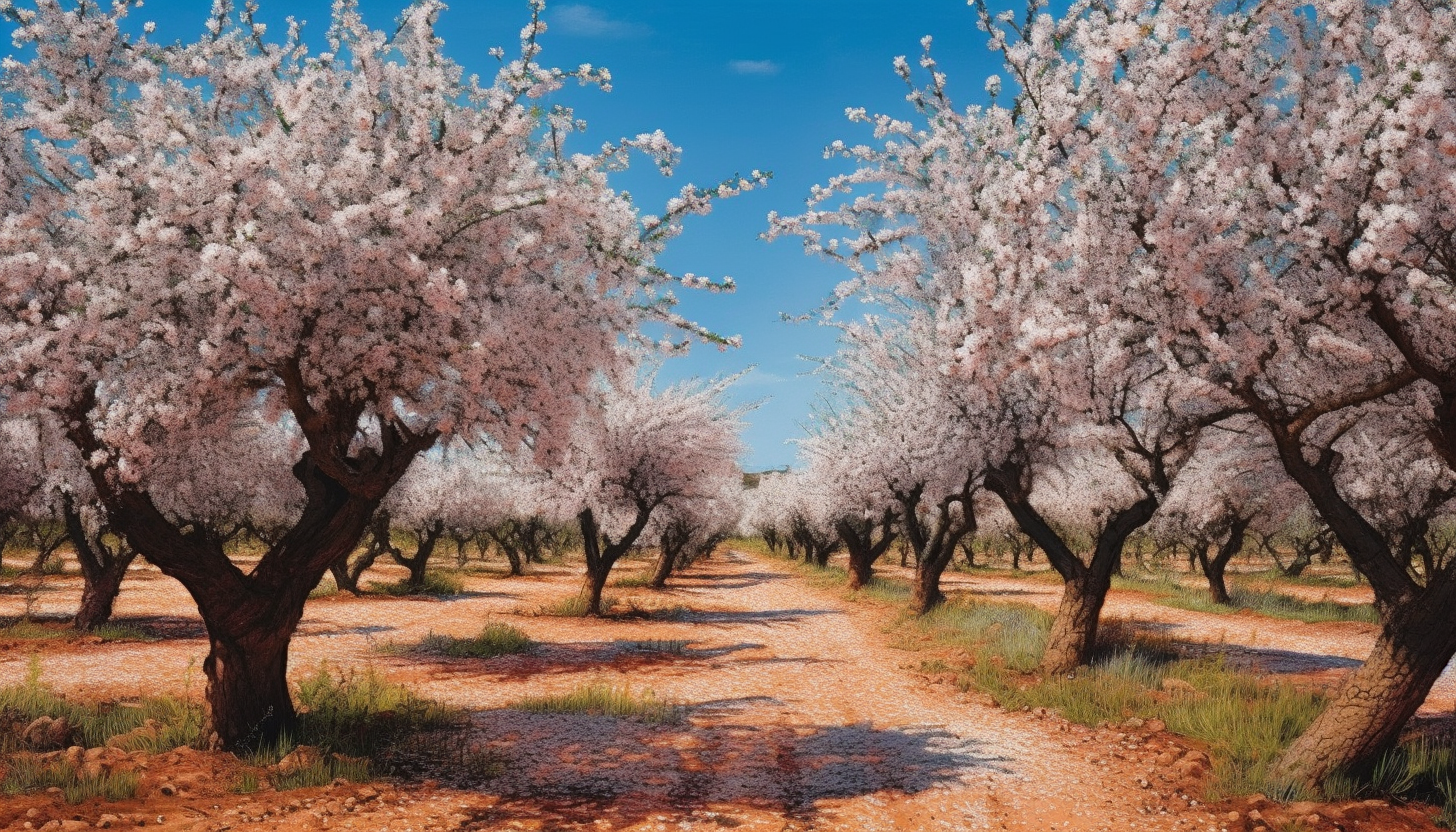 A grove of blossoming almond trees under a clear blue sky.