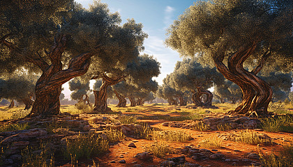 A grove of ancient olive trees in a sun-drenched landscape.