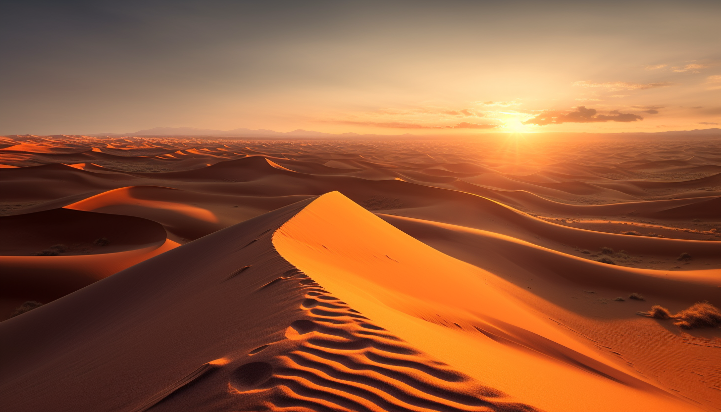 A sea of sand dunes glowing under a setting sun.