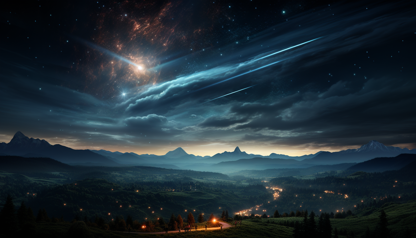 A comet streaking across a star-filled night sky.