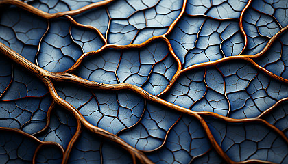 Macro image of the surface of a leaf, revealing its intricate vein structure.