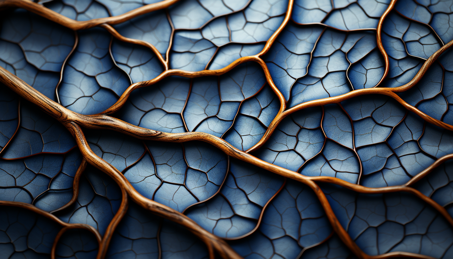 Macro image of the surface of a leaf, revealing its intricate vein structure.