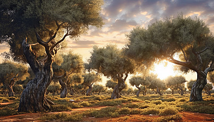 A grove of ancient olive trees under a Mediterranean sky.