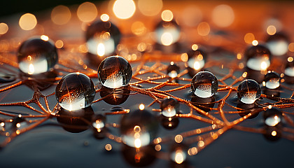 A close-up of dewdrops on a spider's web, reflecting the morning sun.