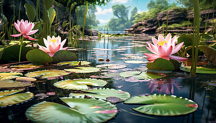 A tranquil pond with floating lotus flowers.