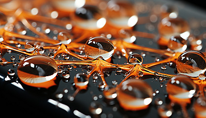 A close-up of dewdrops on a spider's web, reflecting the morning sun.