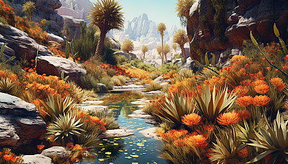 Diverse flora and fauna around a hidden spring in the desert.