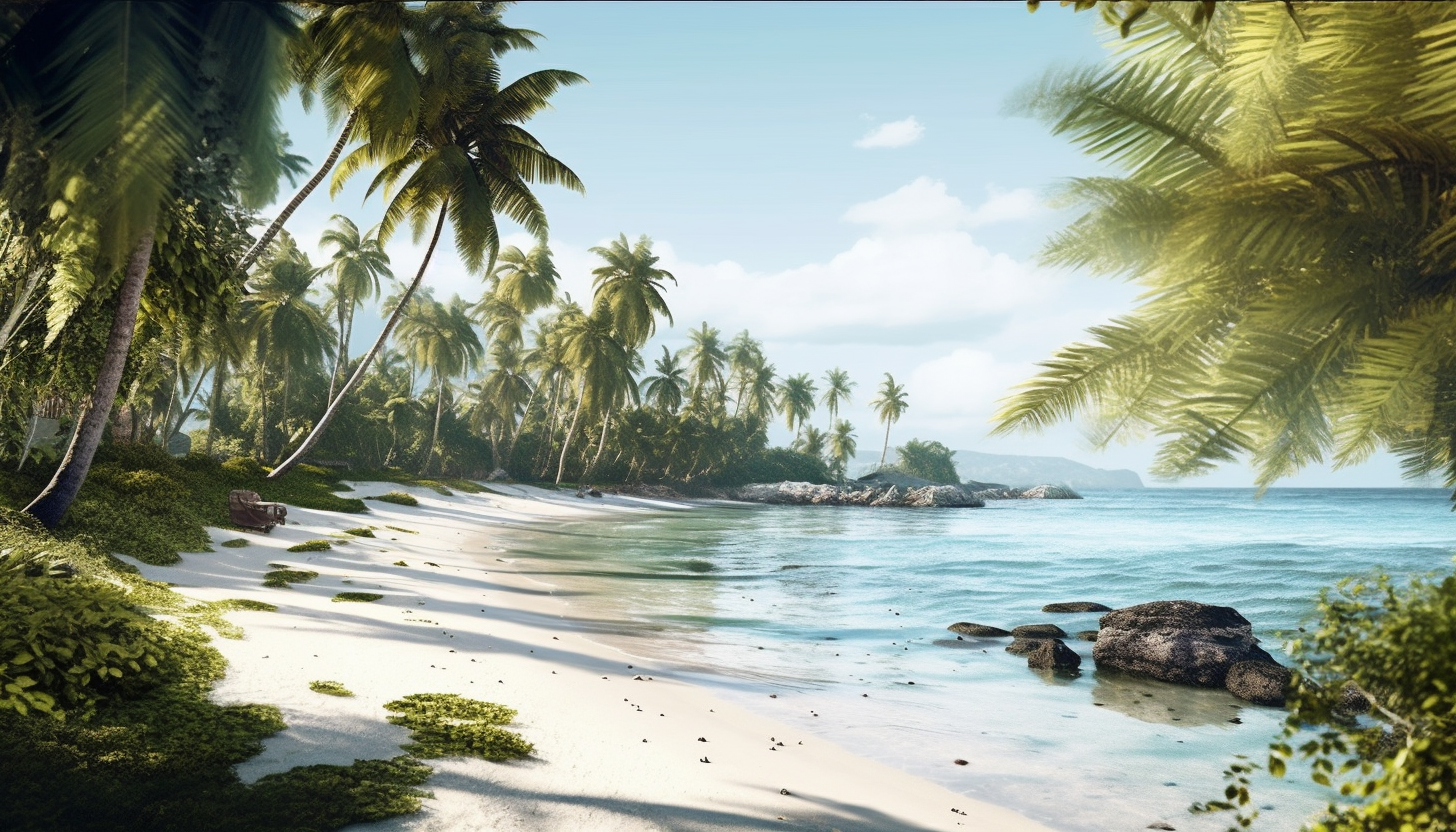 A secluded beach with white sand, surrounded by palm trees.