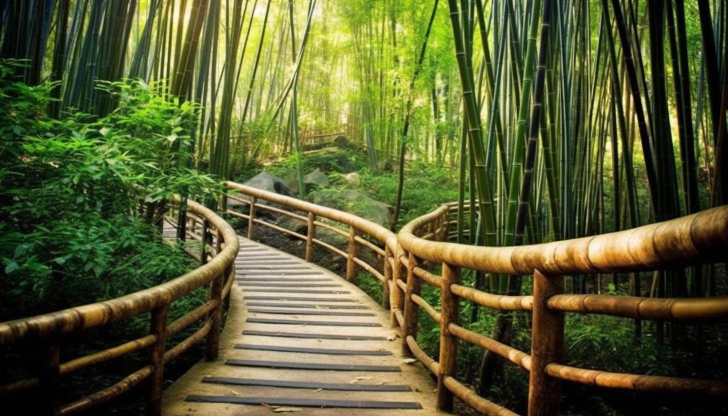 A winding path disappearing into a thick bamboo forest.