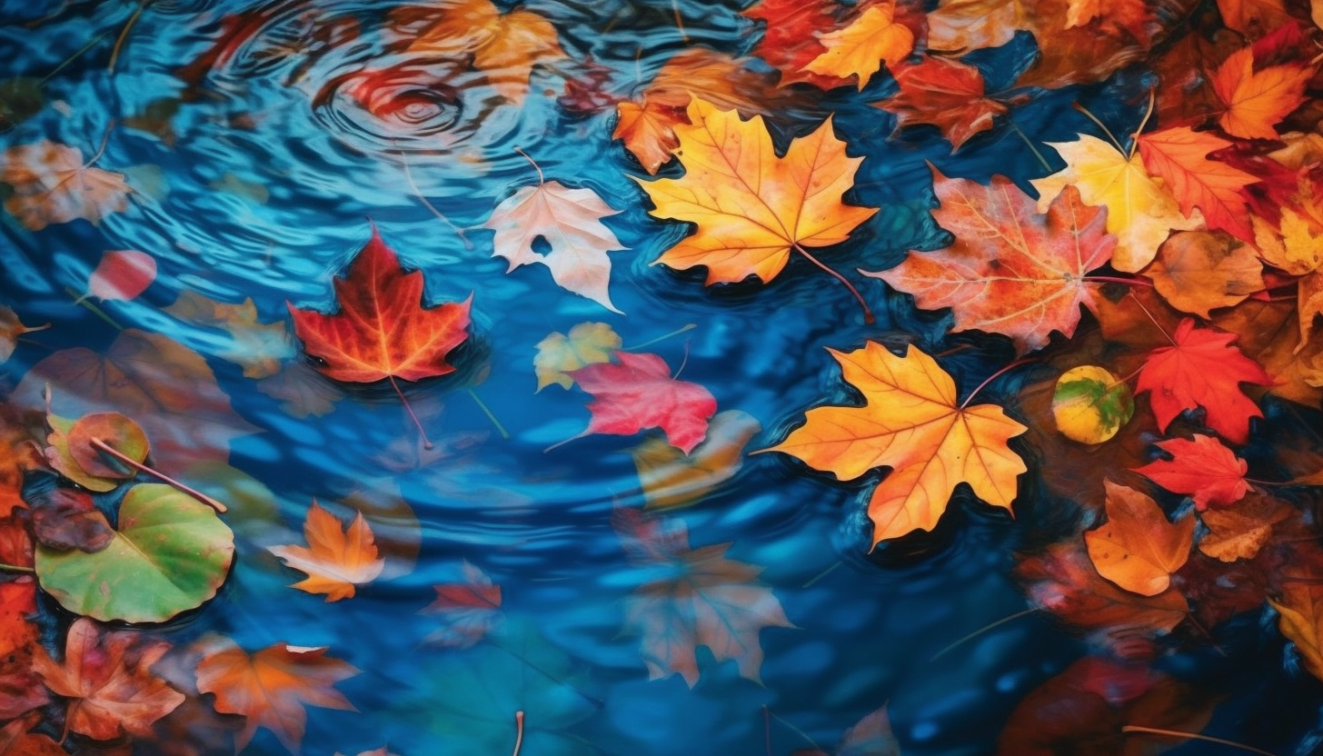 Brightly colored autumn leaves floating on a still pond.