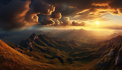Dramatic cloud formations rolling over a mountain range at sunset.