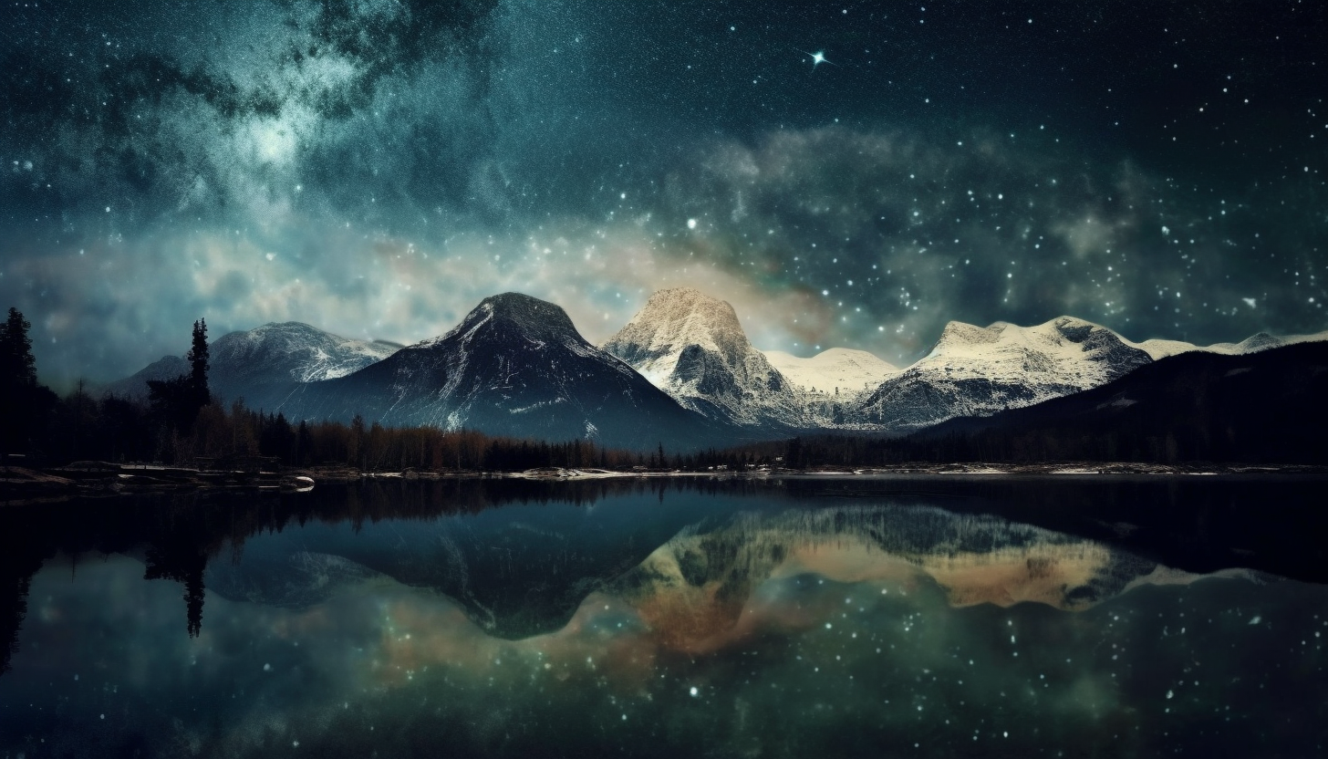 A constellation mirrored in a still mountain lake.