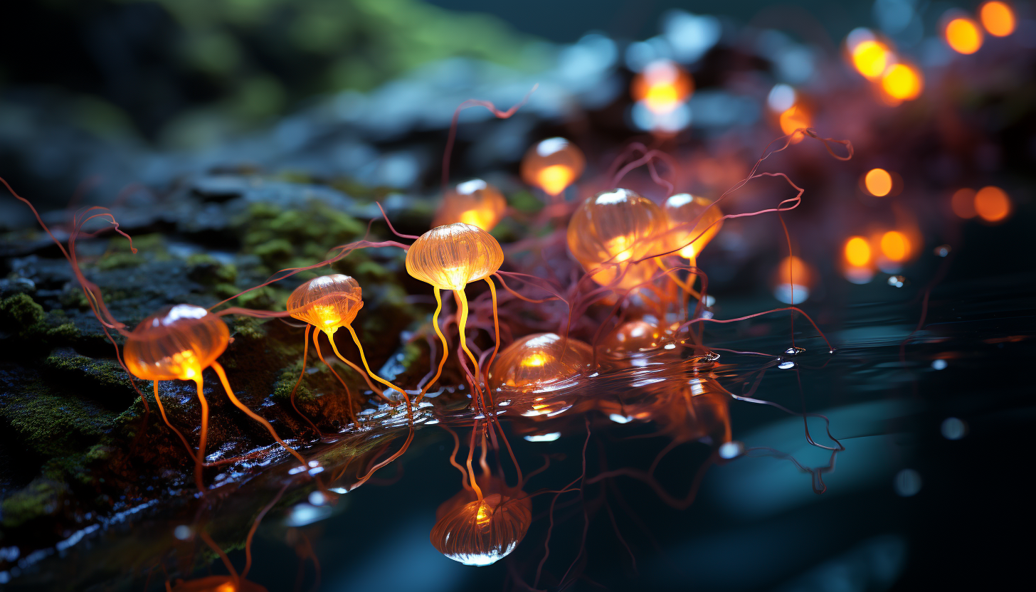 A close-up of bioluminescent algae illuminating the water's surface.