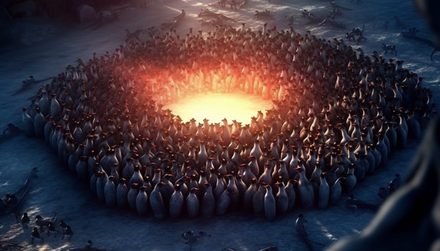 A colony of penguins huddling together against the Antarctic cold.