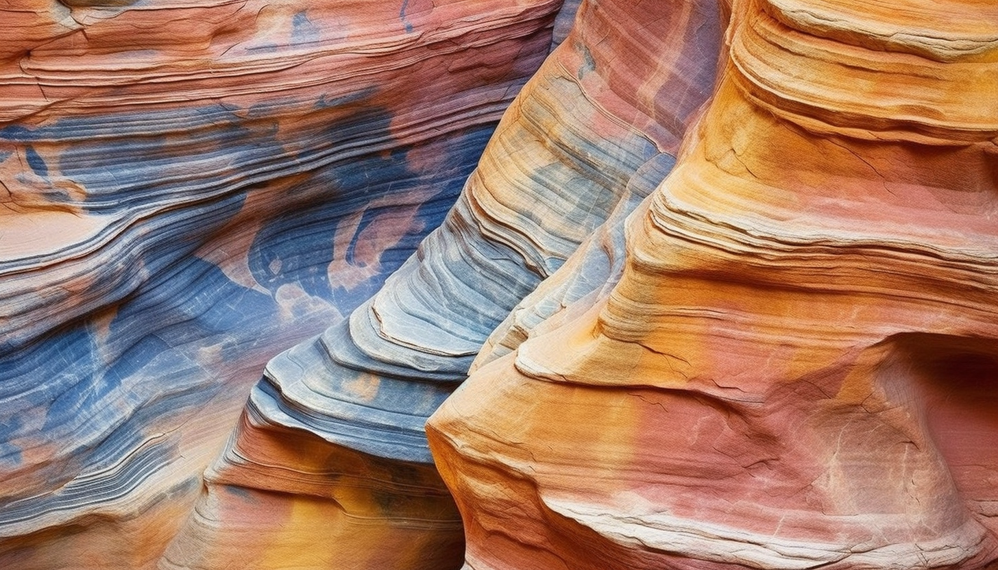 Swirling patterns of a colorful rock strata in a canyon wall.