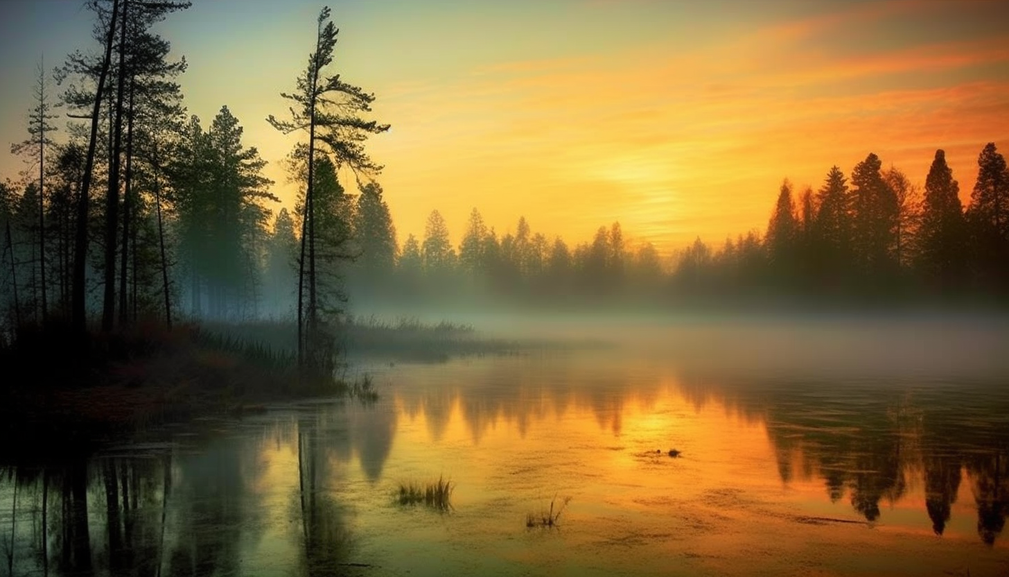 A misty lake reflecting the colors of an early sunrise.