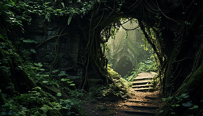 A mysterious cave entrance obscured by overgrown vines.