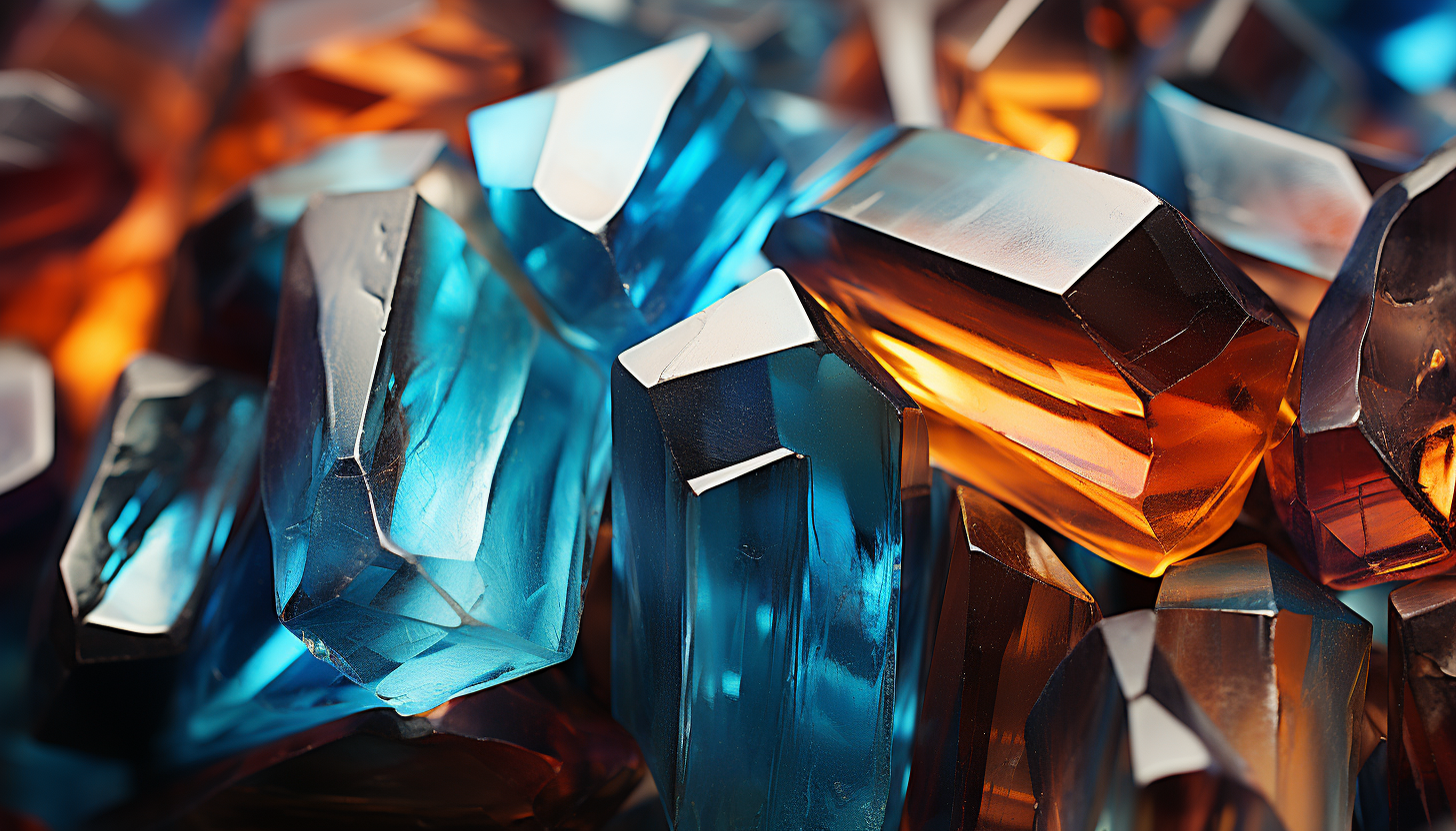 Extreme close-up of crystals, showcasing their geometric shapes and vibrant colors.