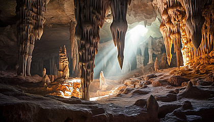 Mysterious stalactites and stalagmites inside an ancient cave.