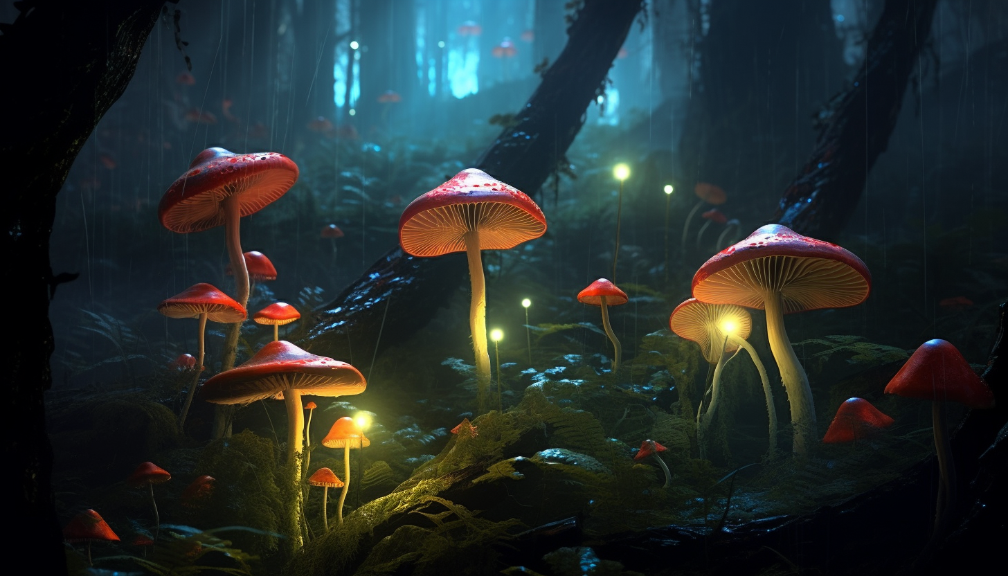 Mushrooms glowing in the dark depths of a primeval forest.