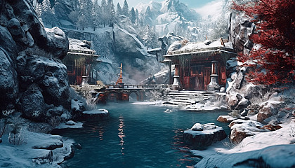 Secluded natural hot springs nestled in snow-covered mountains.