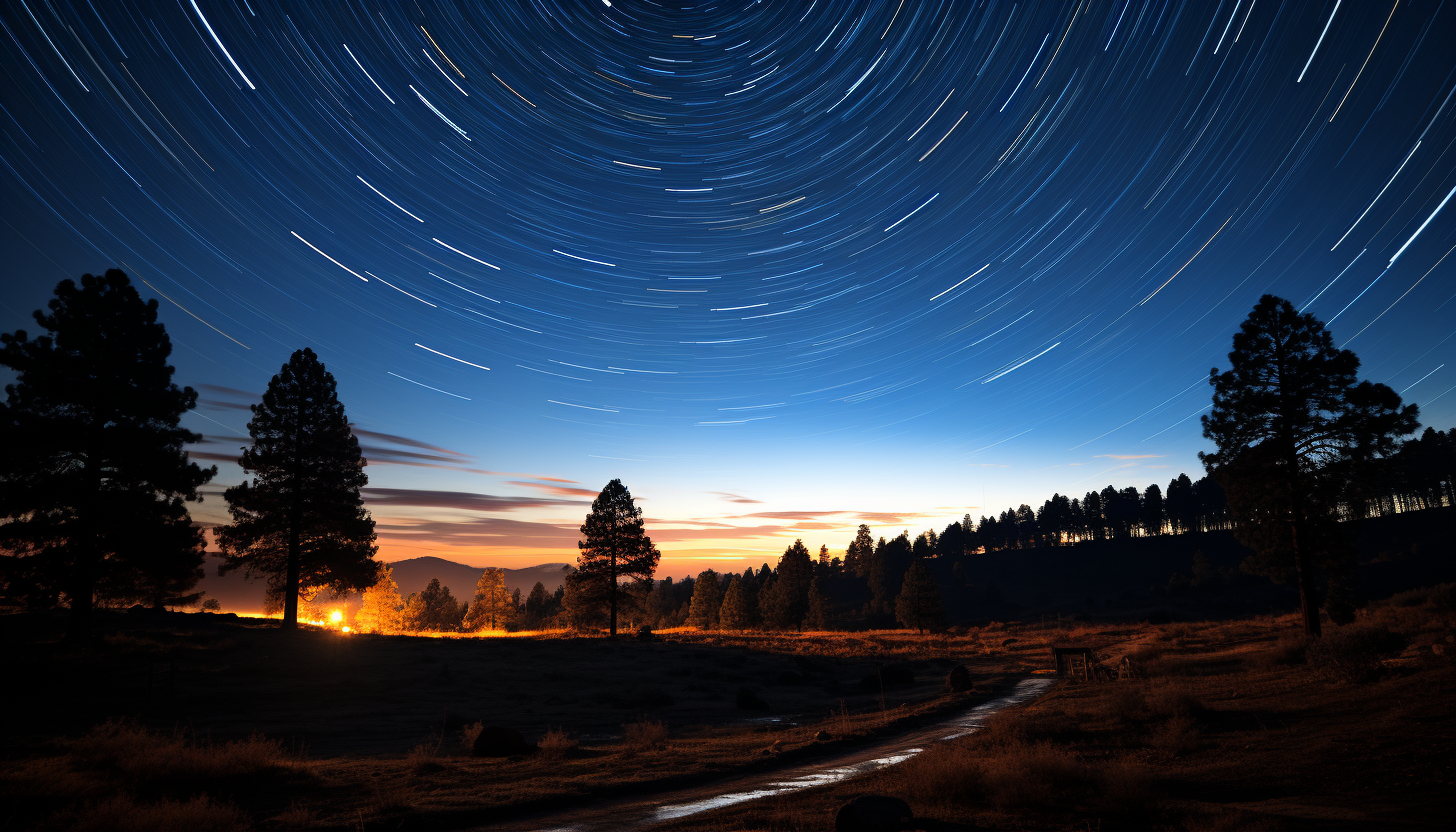 A long exposure shot of star trails circling the North Star.