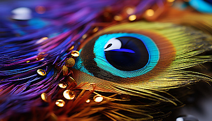 A close-up view of a peacock feather, showcasing its iridescent colors.