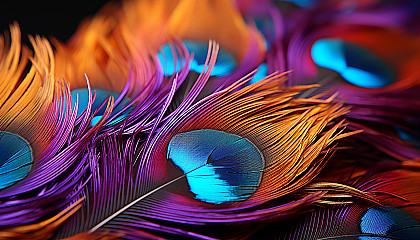 Close-up of a peacock feather, displaying a spectrum of iridescent colors.