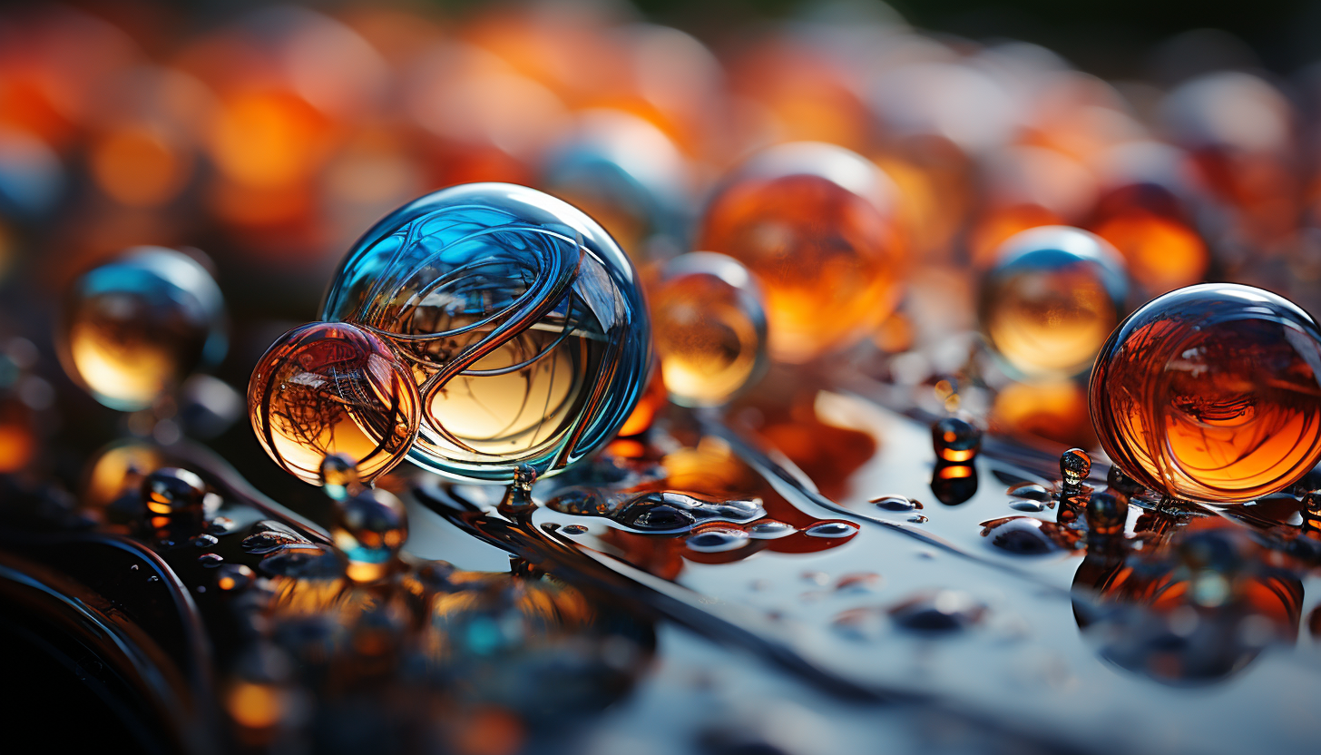 Close-up of bubbles capturing fascinating reflections or a microcosm of life in a droplet of water.