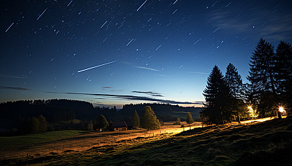 A meteor shower streaking across the night sky.