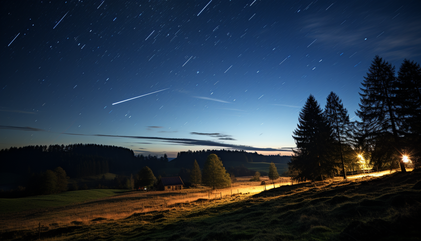 A meteor shower streaking across the night sky.