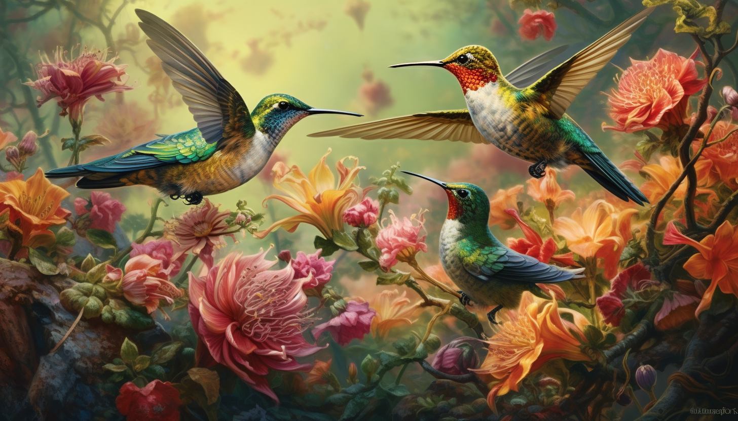 Hummingbirds darting around a colorful garden.