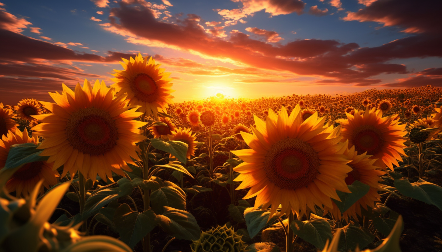 A field of sunflowers turning towards the sun.
