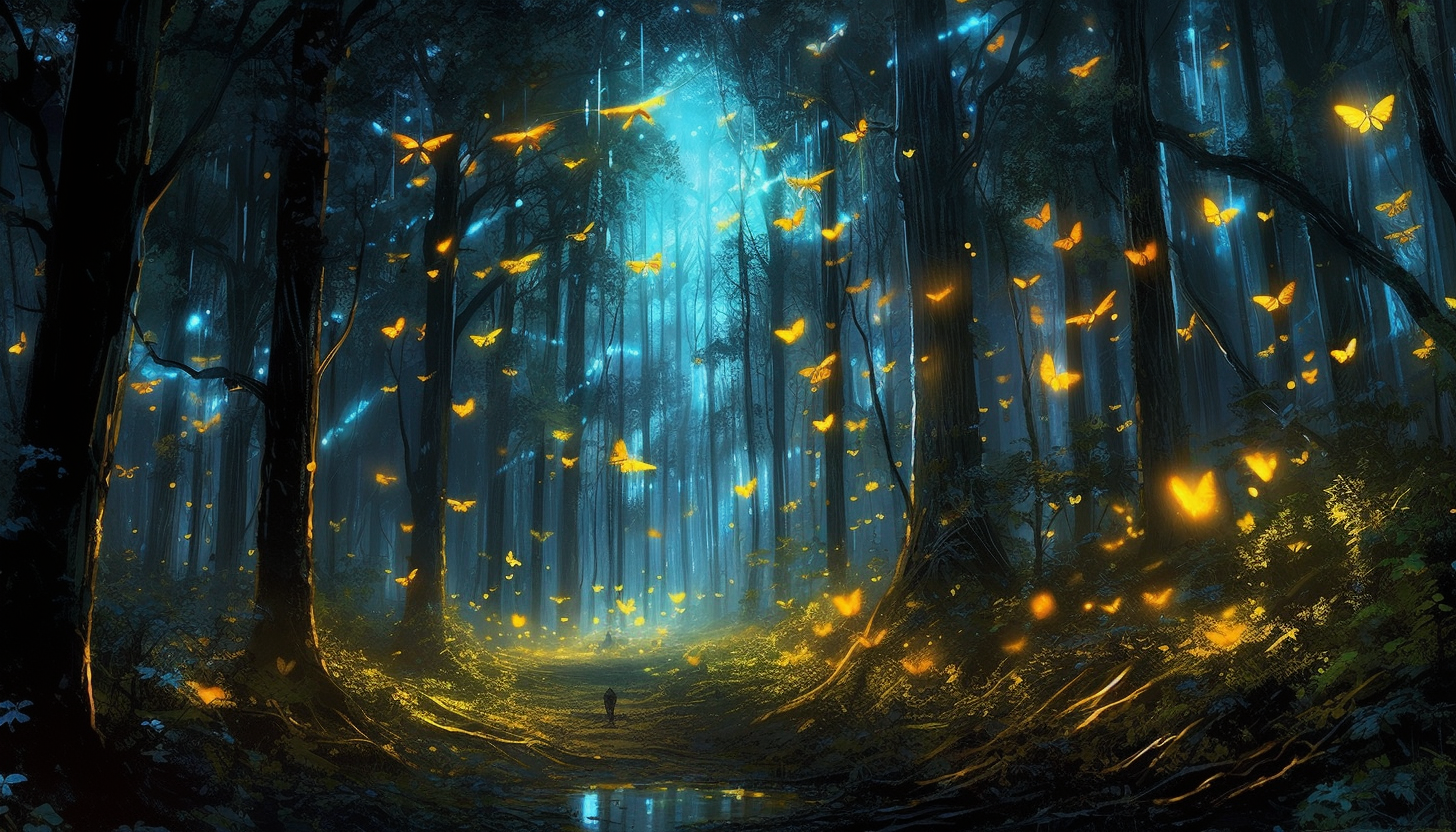 A vibrant display of fireflies illuminating a dark forest.