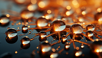 A close-up of dewdrops on a spider's web, reflecting the morning sun.