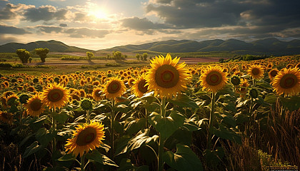 Sunflowers turning towards the sunlight in a sprawling field.