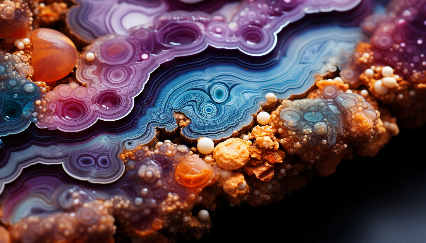 Macro view of colorful mineral formations or the intricate layers in a geode.