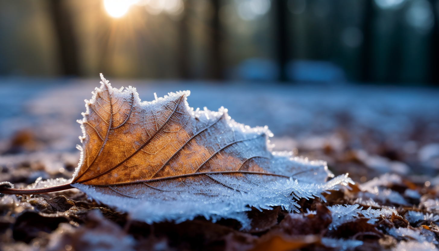 The glistening frost on a leaf on a cold winter morning.