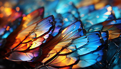 Macro shot of iridescent butterfly wings displaying intricate patterns.