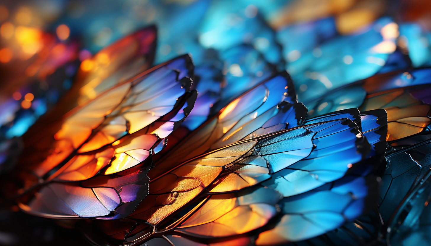 Macro shot of iridescent butterfly wings displaying intricate patterns.